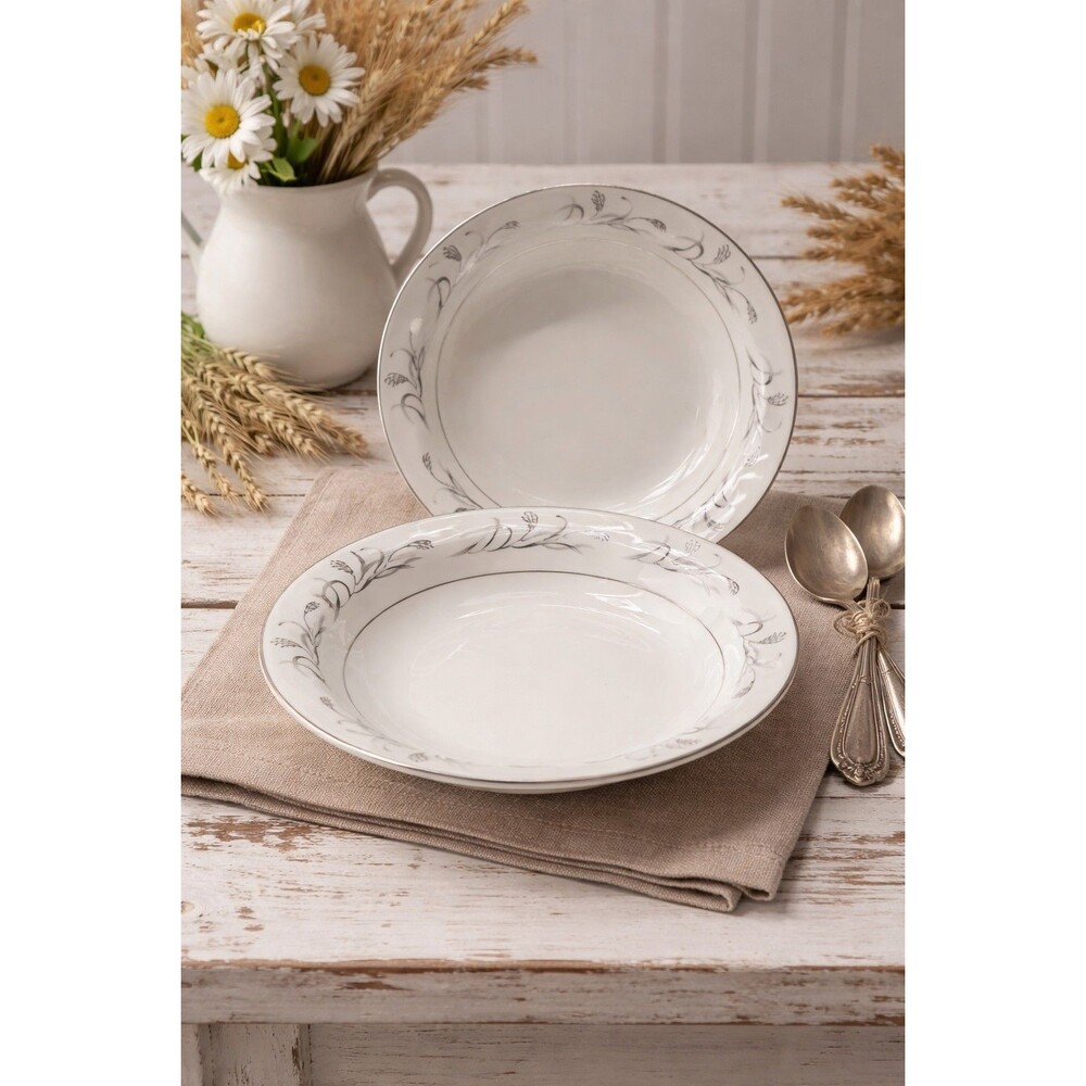 Harmony House Platinum Garland Soup Bowls Lot of 2 Japan Gray Wheat 7.75"